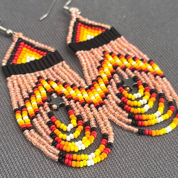 Tribal Earrings Seed Bead Handmade Multicolor Native American Boho Dangle 3” USA - Picture 3 of 15